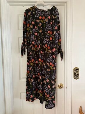 ASOS Floral Tie-Sleeve Midi Dress in Black